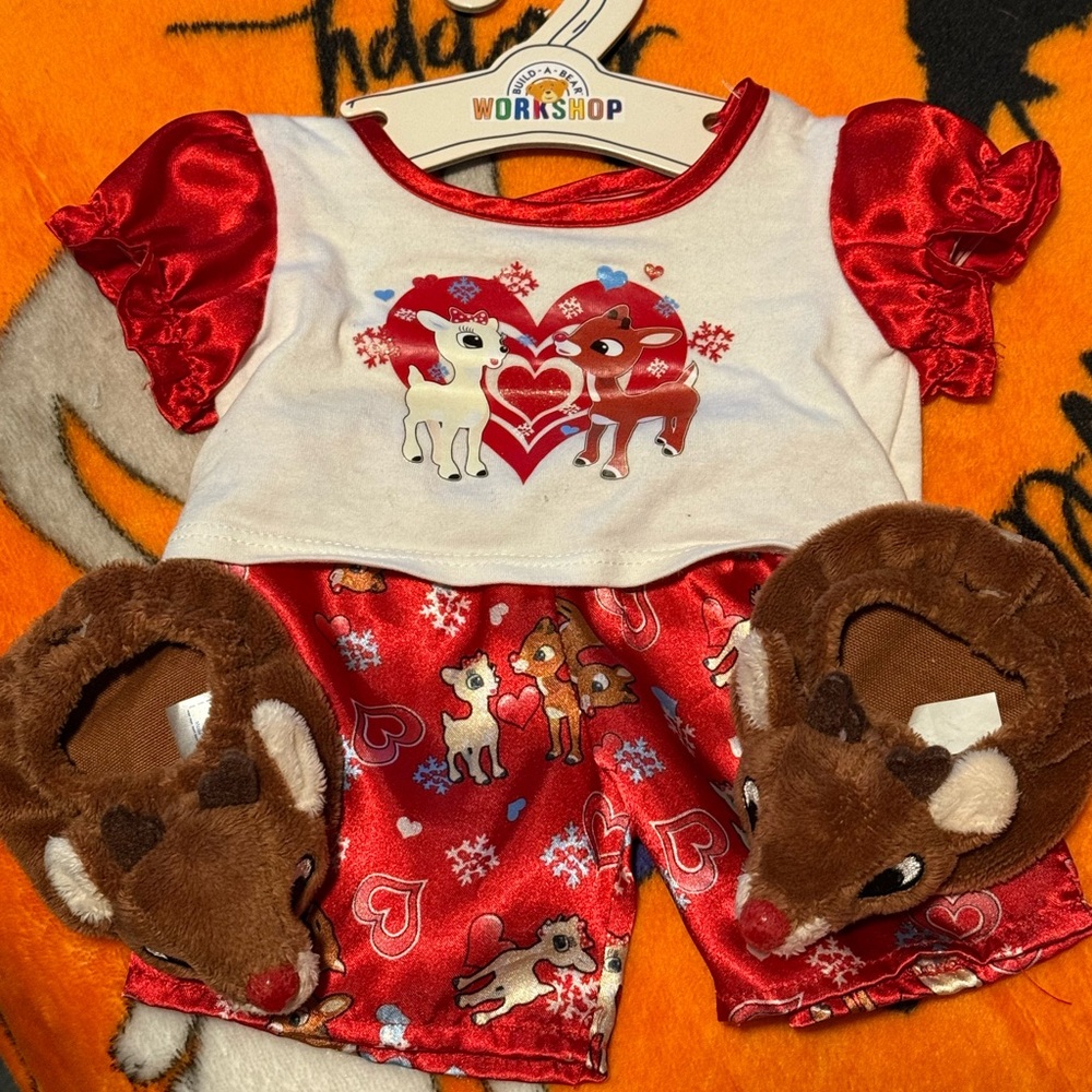 Build a bear Red and White Reindeer Pajama Set with Slippers